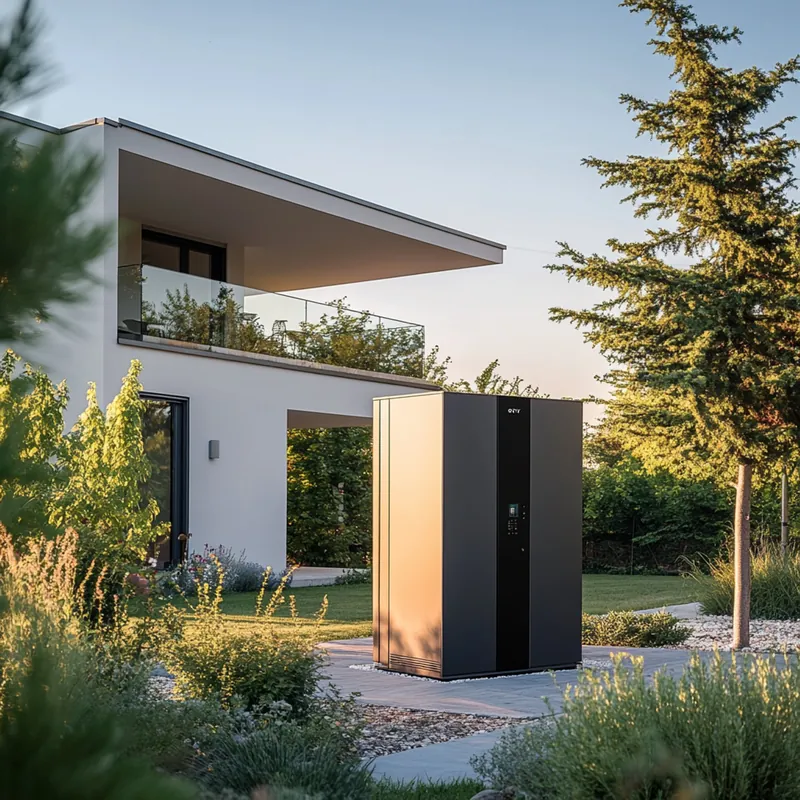 Stromspeicher neben einem modernen Wohnhaus