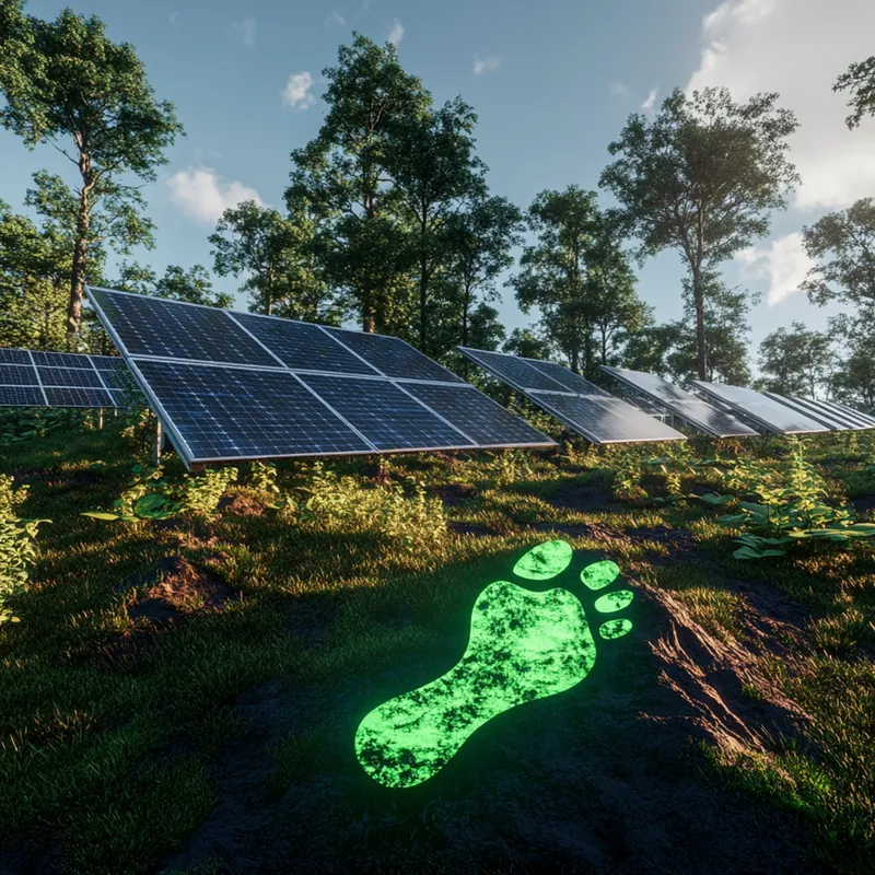 Solarpark im Wald mit leuchtendem grünem Fußabdruck als Zeichen für Nachhaltigkeit